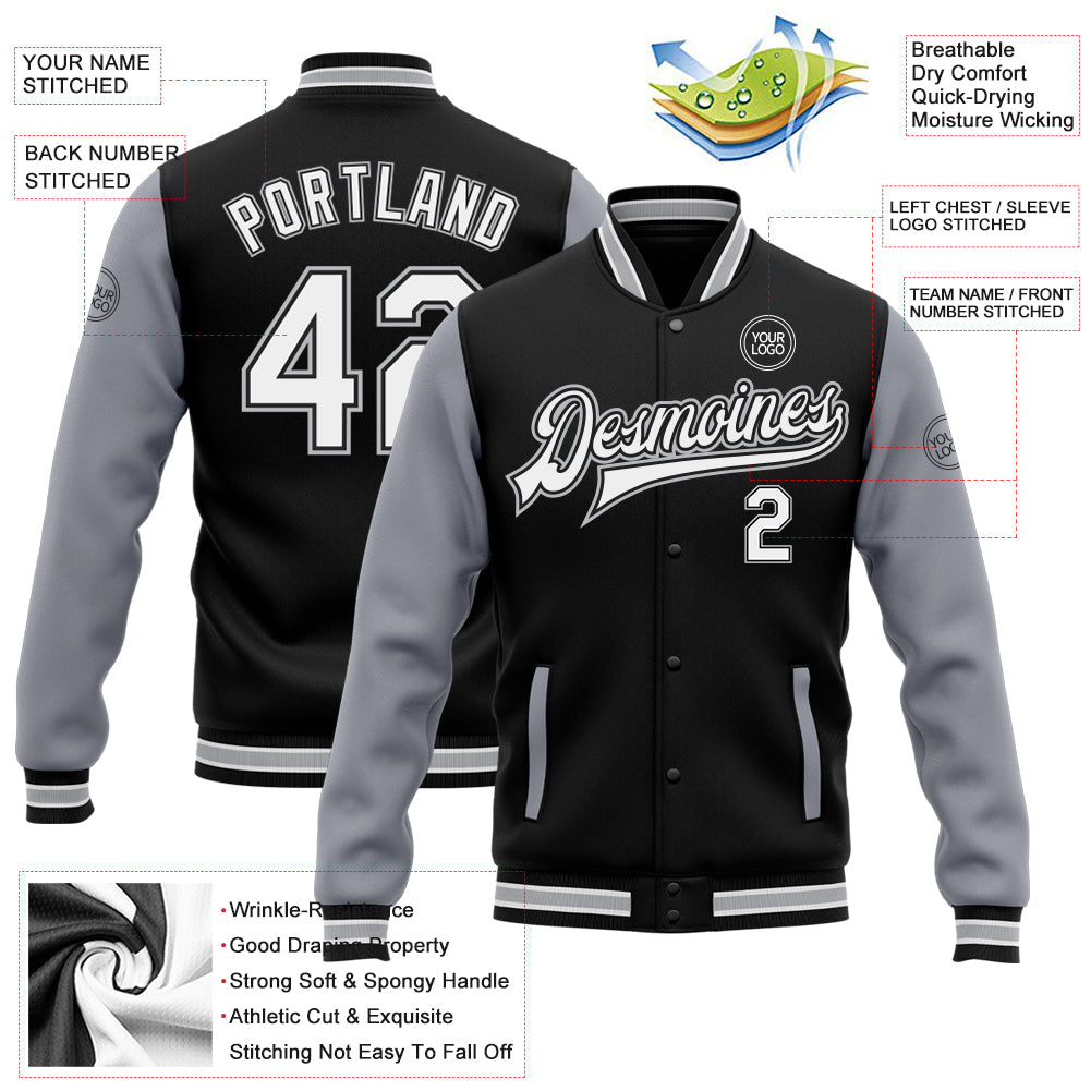 Custom Black White-Gray Bomber Full-Snap Varsity Letterman Two Tone Jacket view 5