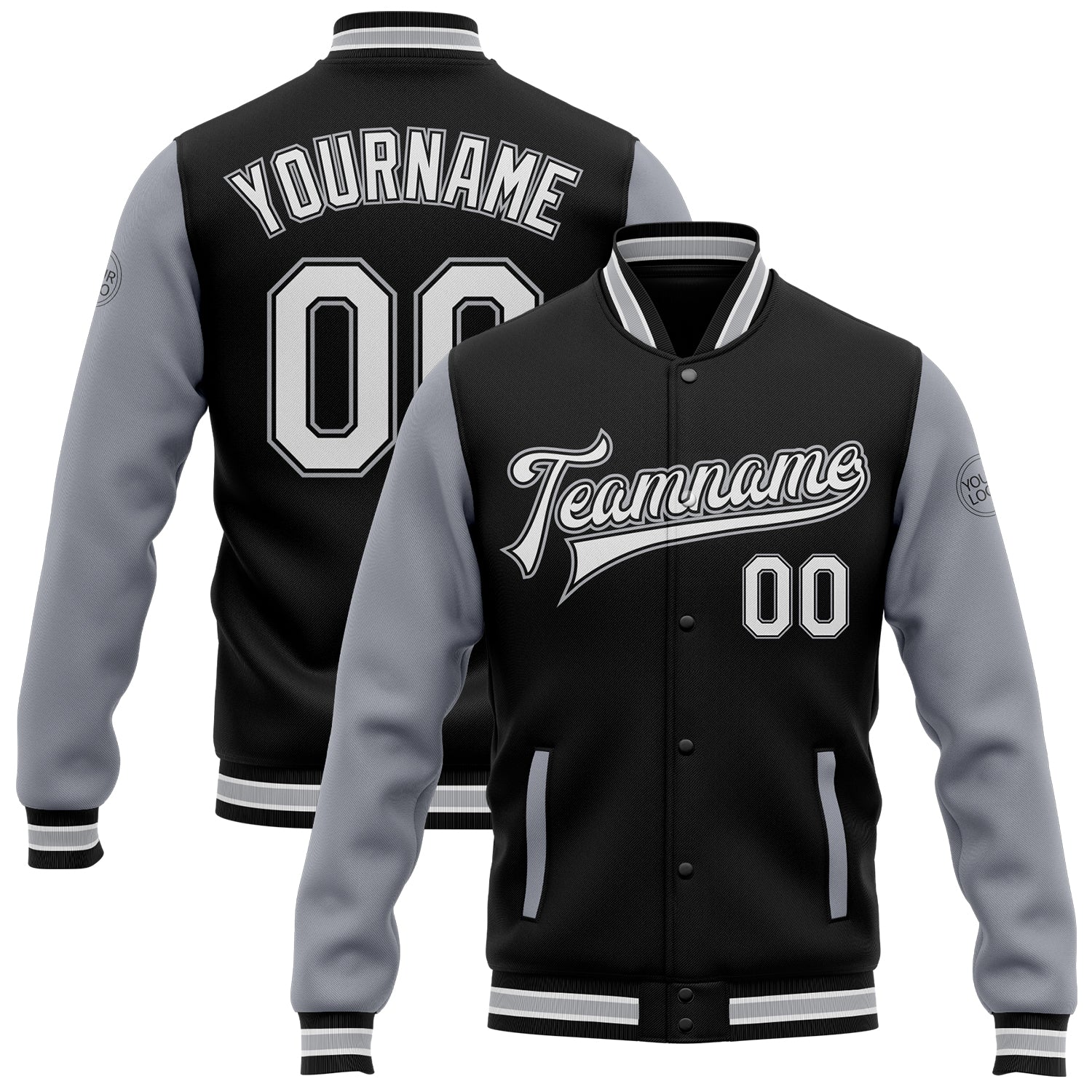 Custom Black White-Gray Bomber Full-Snap Varsity Letterman Two Tone Jacket - Main View