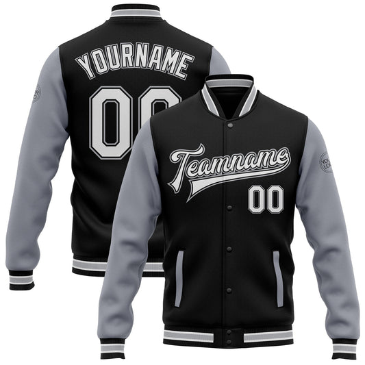 Custom Black White-Gray Bomber Full-Snap Varsity Letterman Two Tone Jacket - Main View
