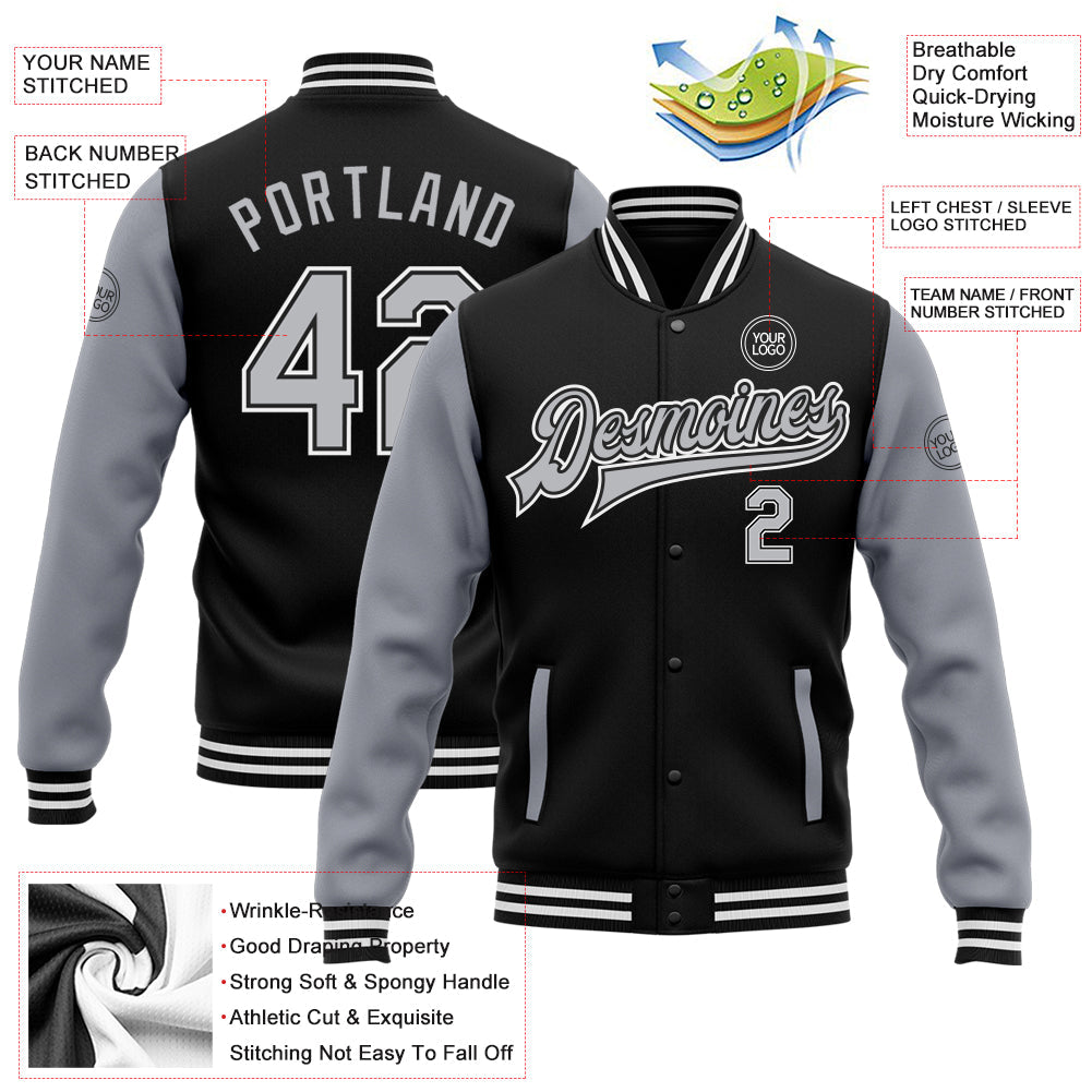 Custom Black Gray Bomber Full-Snap Varsity Letterman Two Tone Jacket view 5