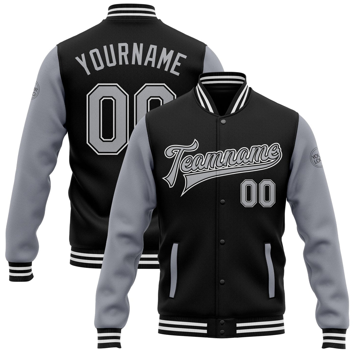 Custom Black Gray Bomber Full-Snap Varsity Letterman Two Tone Jacket - Main View
