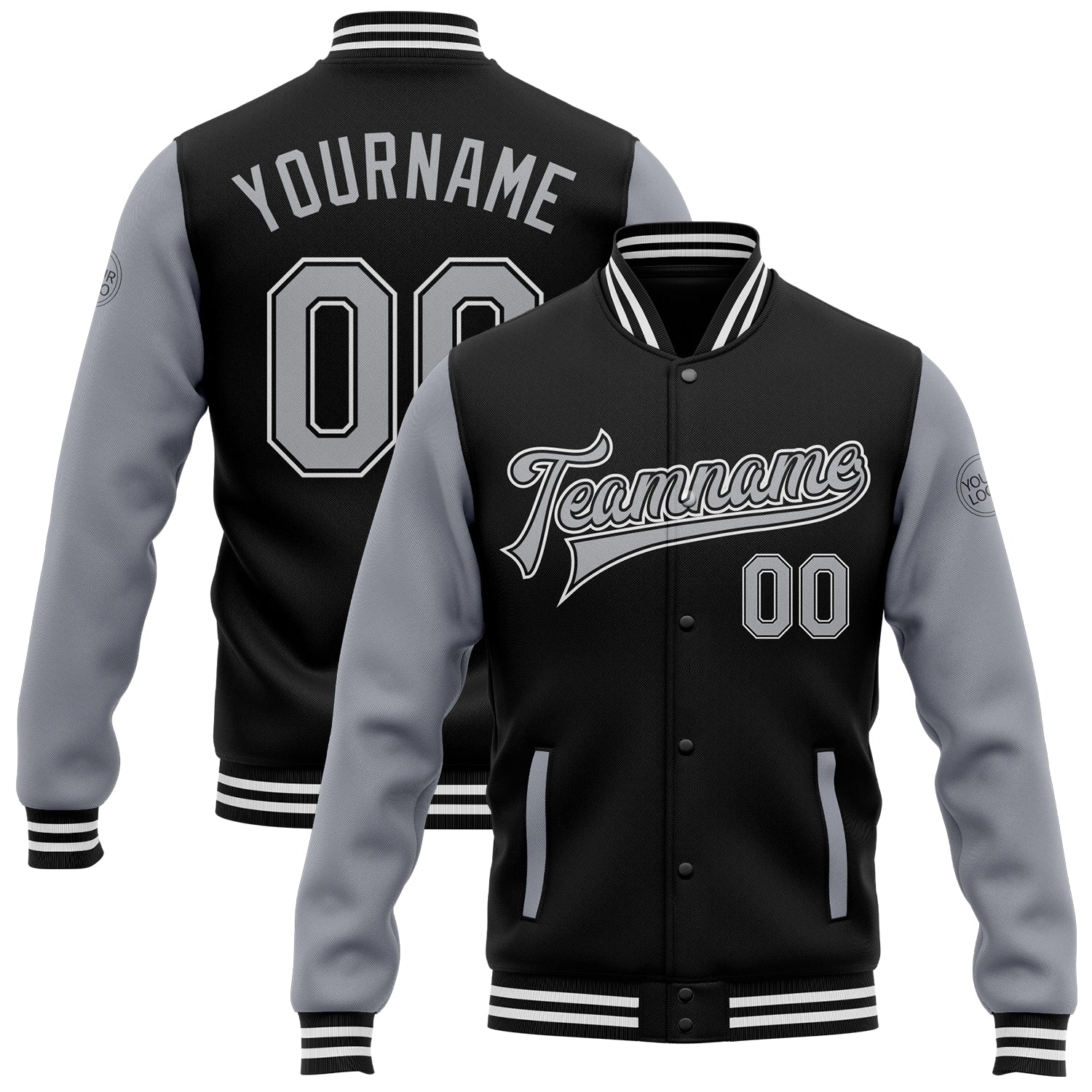 Custom Black Gray Bomber Full-Snap Varsity Letterman Two Tone Jacket - Main View