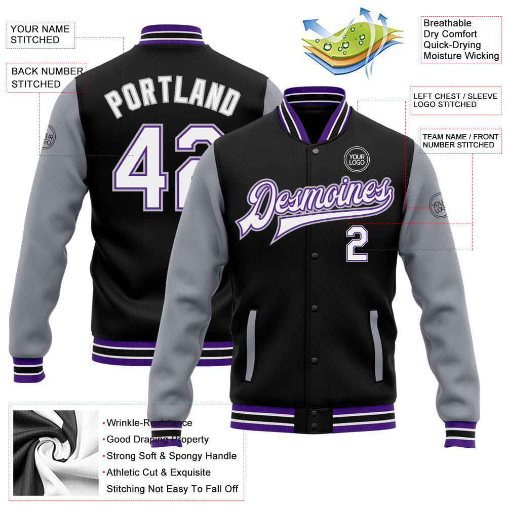 Custom Black White Purple-Gray Bomber Full-Snap Varsity Letterman Two Tone Jacket view 5