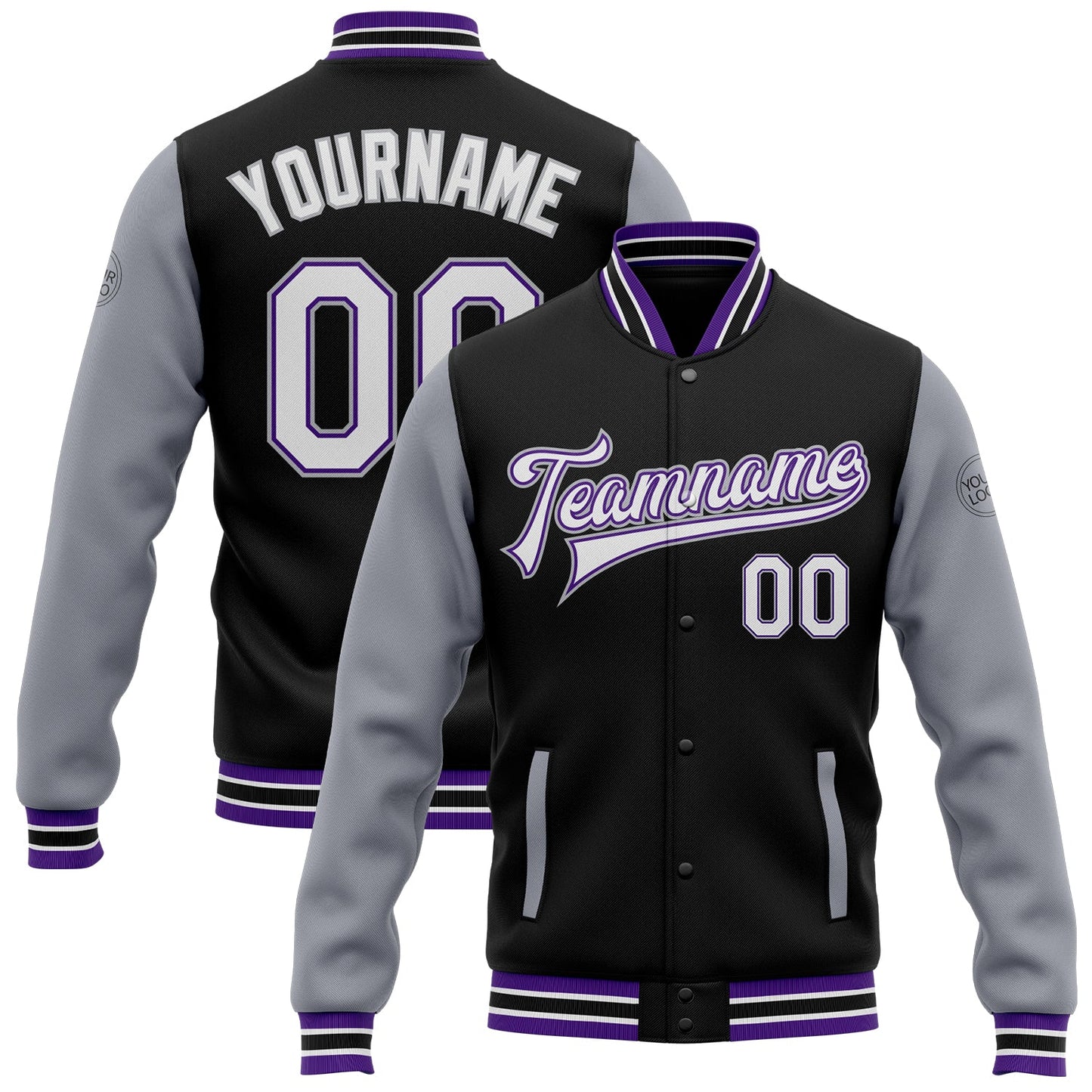 Custom Black White Purple-Gray Bomber Full-Snap Varsity Letterman Two Tone Jacket - Main View