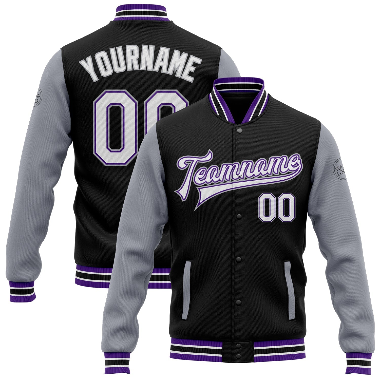 Custom Black White Purple-Gray Bomber Full-Snap Varsity Letterman Two Tone Jacket - Main View