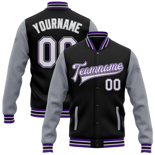 Custom Black White Purple-Gray Bomber Full-Snap Varsity Letterman Two Tone Jacket - Main View