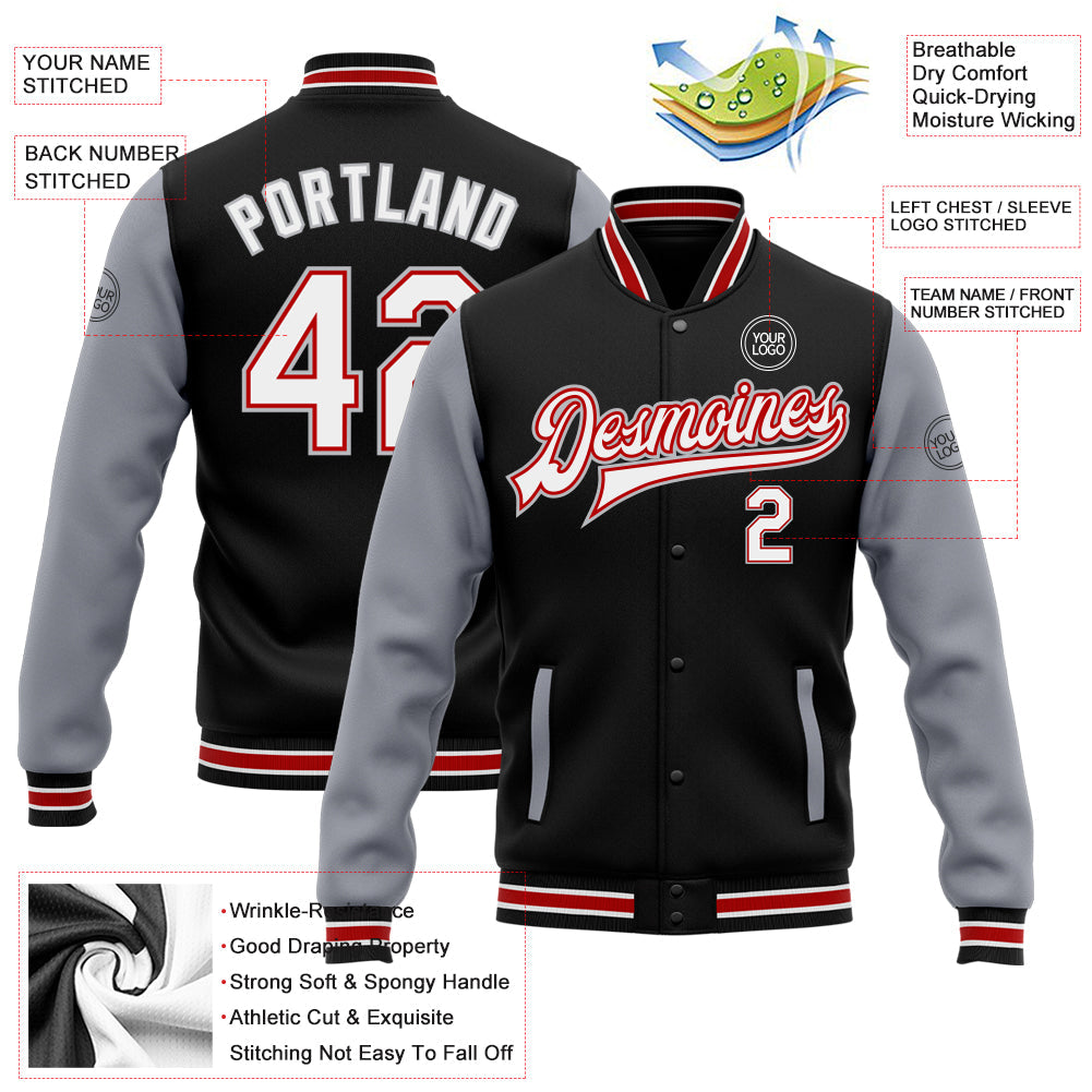 Custom Black White Red-Gray Bomber Full-Snap Varsity Letterman Two Tone Jacket view 5