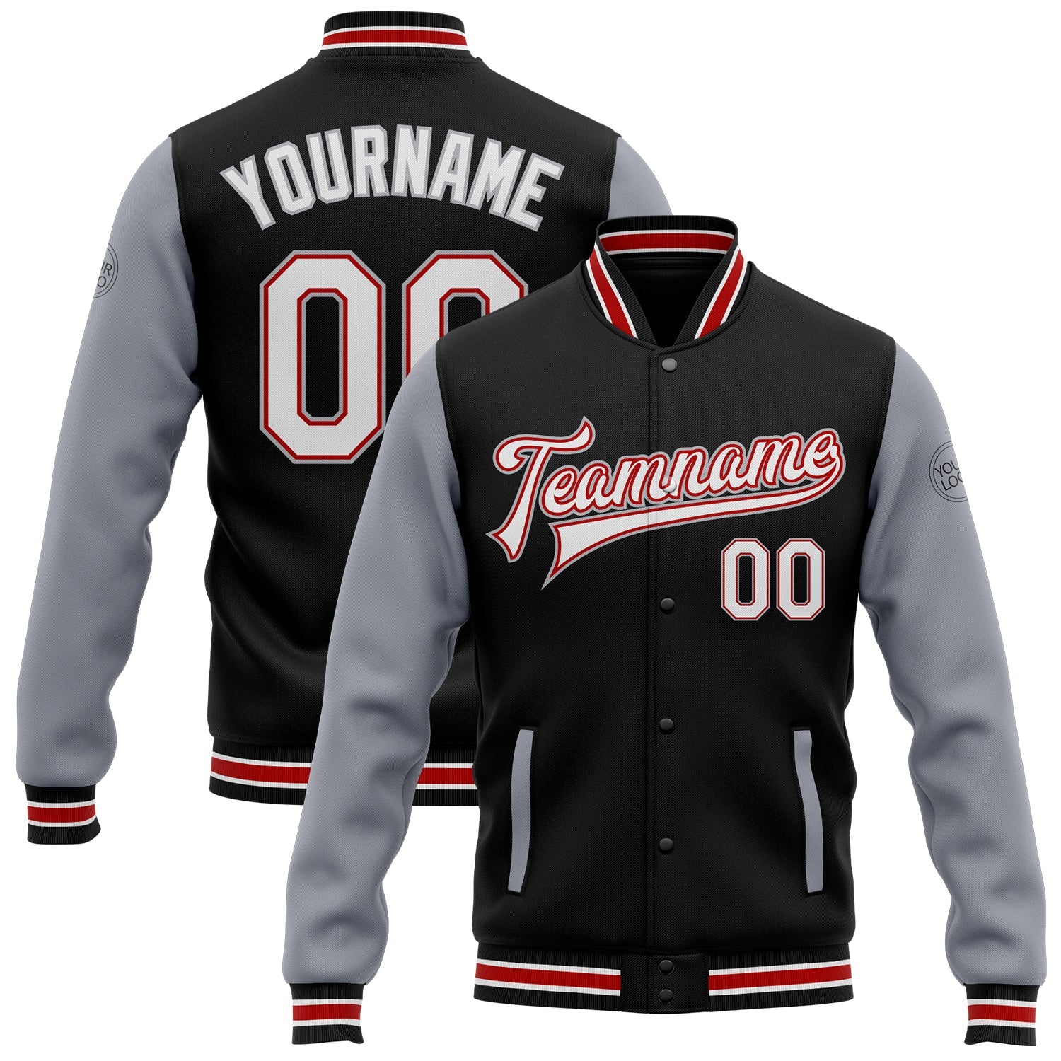 Custom Black White Red-Gray Bomber Full-Snap Varsity Letterman Two Tone Jacket - Main View