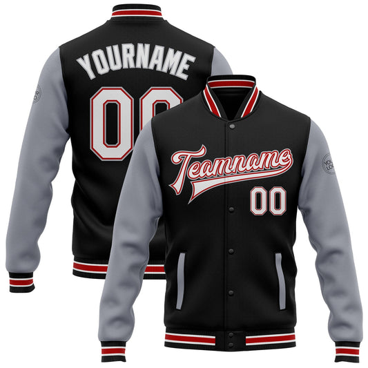 Custom Black White Red-Gray Bomber Full-Snap Varsity Letterman Two Tone Jacket - Main View