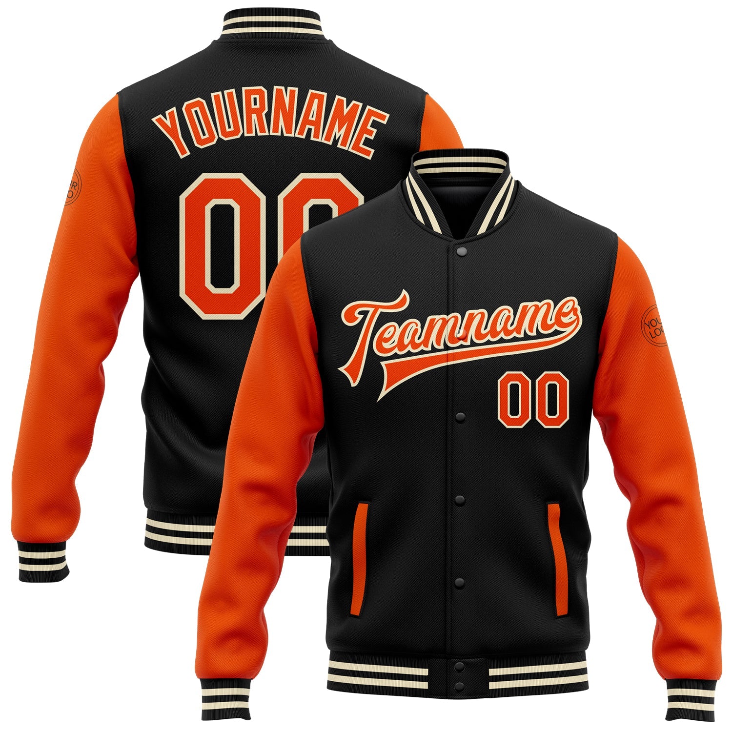 Custom Black Orange-Cream Bomber Full-Snap Varsity Letterman Two Tone Jacket - Main View