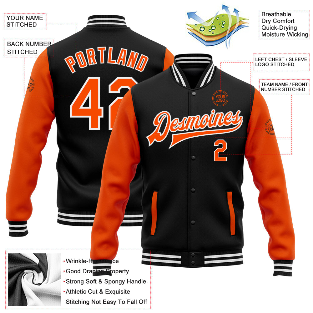 Custom Black Orange-White Bomber Full-Snap Varsity Letterman Two Tone Jacket view 5