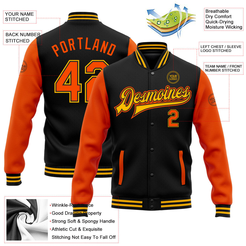 Custom Black Orange-Gold Bomber Full-Snap Varsity Letterman Two Tone Jacket view 5