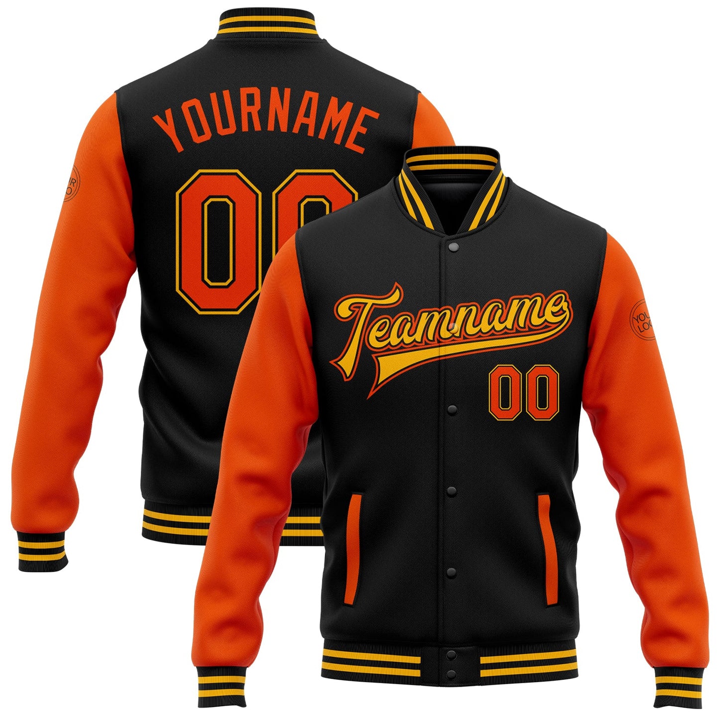 Custom Black Orange-Gold Bomber Full-Snap Varsity Letterman Two Tone Jacket - Main View
