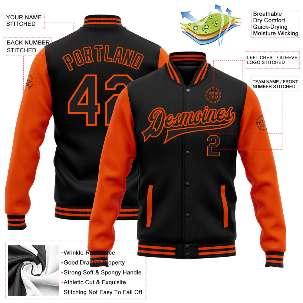 Custom Black Orange Bomber Full-Snap Varsity Letterman Two Tone Jacket view 5