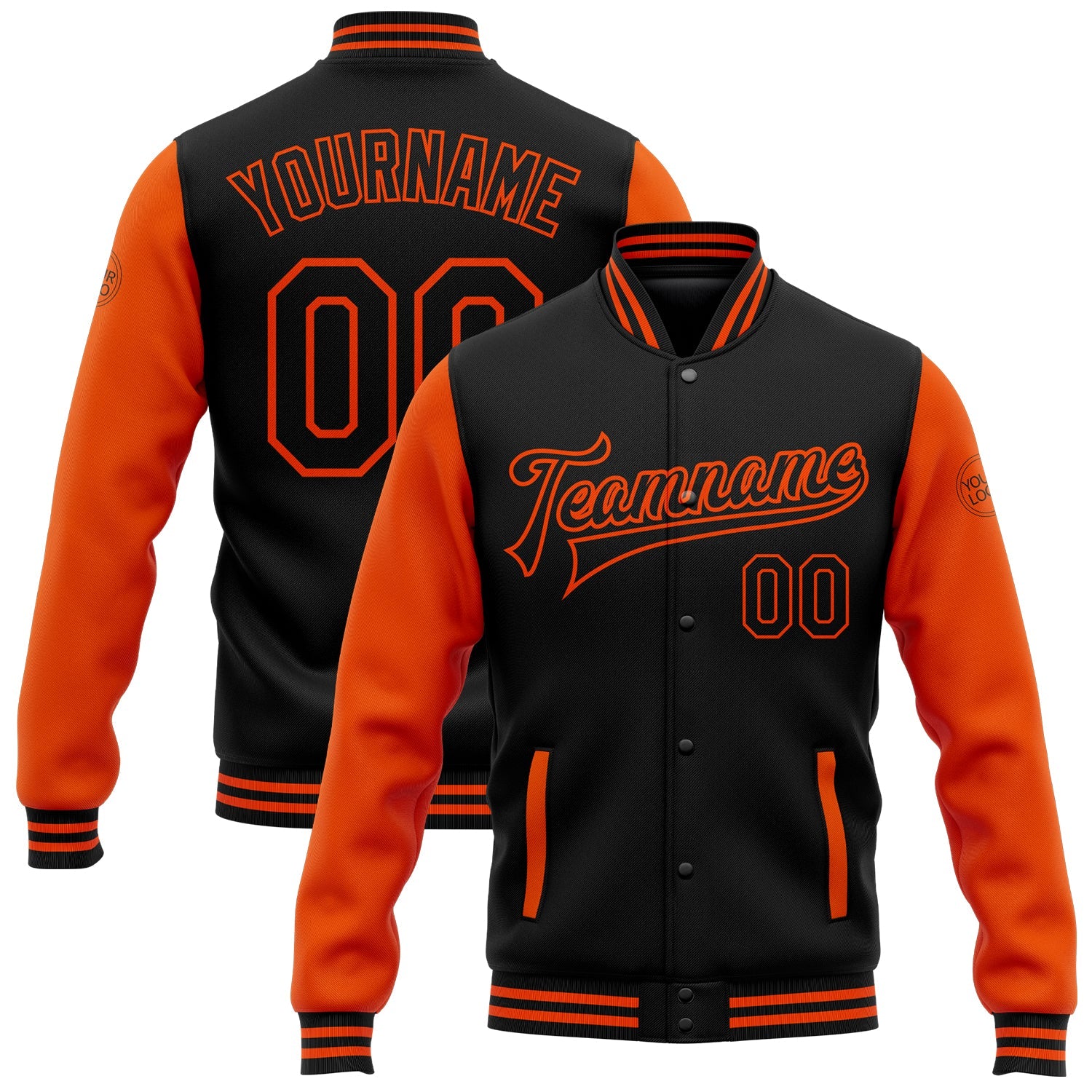Custom Black Orange Bomber Full-Snap Varsity Letterman Two Tone Jacket - Main View