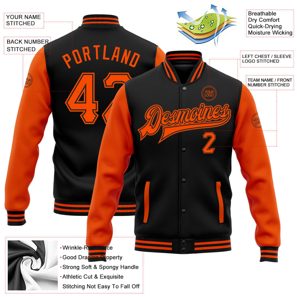 Custom Black Orange Bomber Full-Snap Varsity Letterman Two Tone Jacket view 5