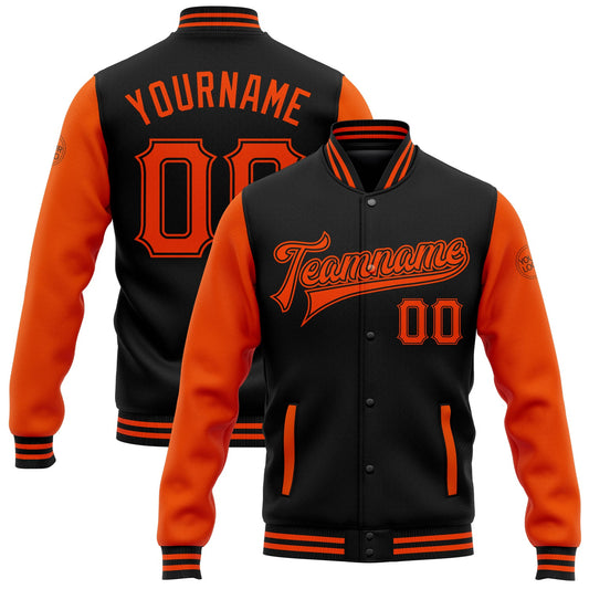 Custom Black Orange Bomber Full-Snap Varsity Letterman Two Tone Jacket - Main View