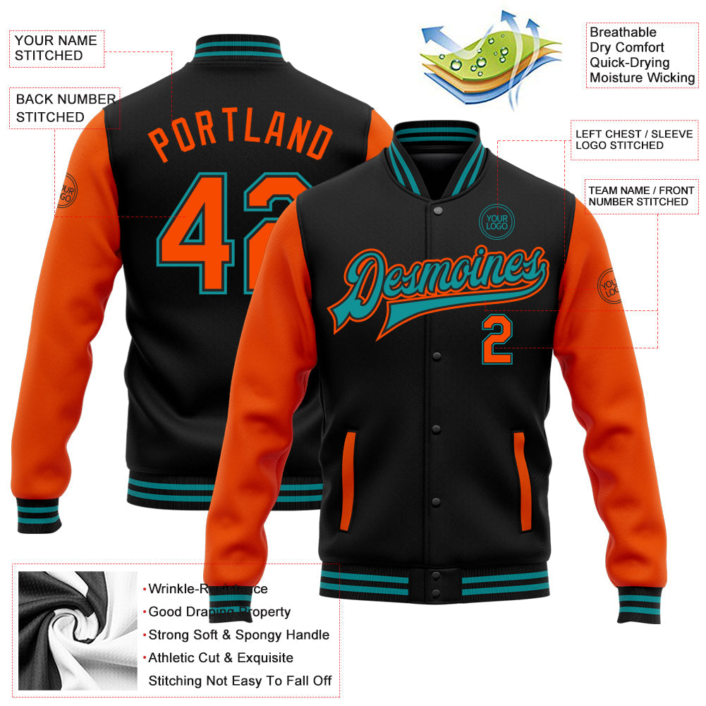 Custom Black Orange-Teal Bomber Full-Snap Varsity Letterman Two Tone Jacket view 5
