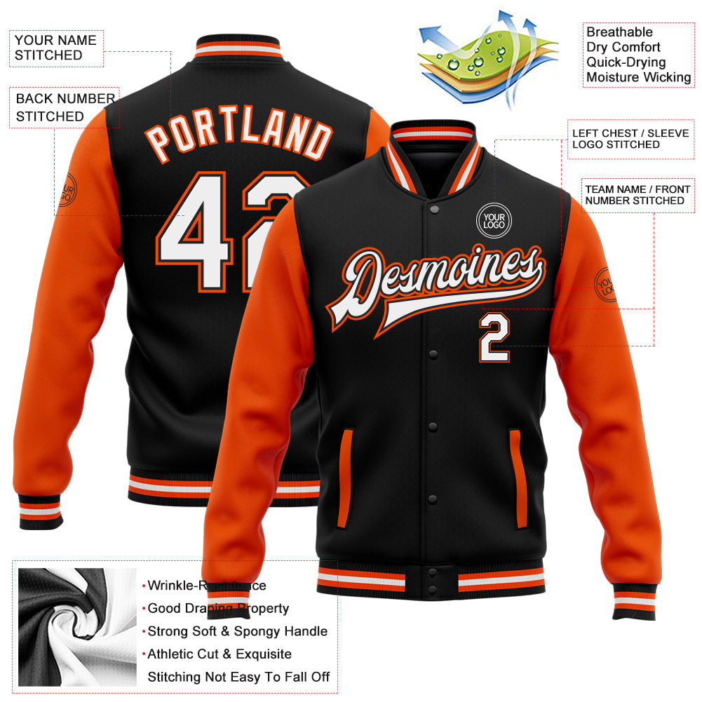Custom Black White-Orange Bomber Full-Snap Varsity Letterman Two Tone Jacket view 5