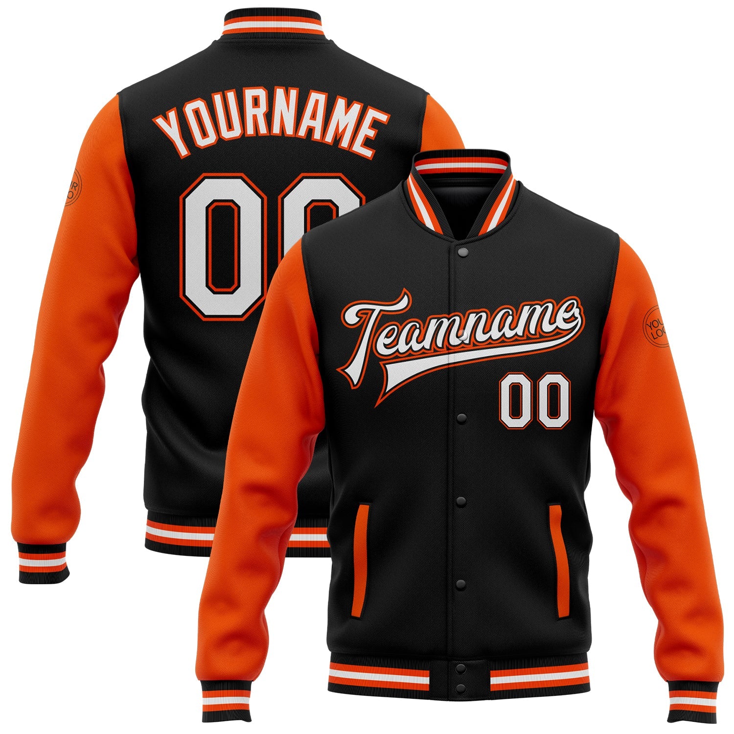Custom Black White-Orange Bomber Full-Snap Varsity Letterman Two Tone Jacket - Main View