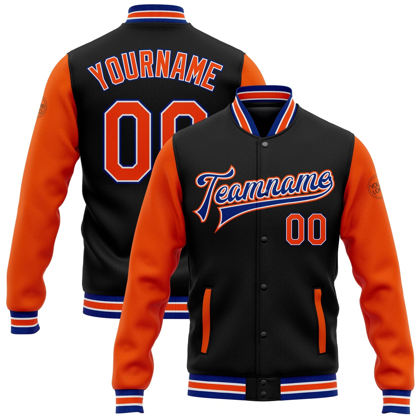 Custom Black Orange-Royal Bomber Full-Snap Varsity Letterman Two Tone Jacket - Main View