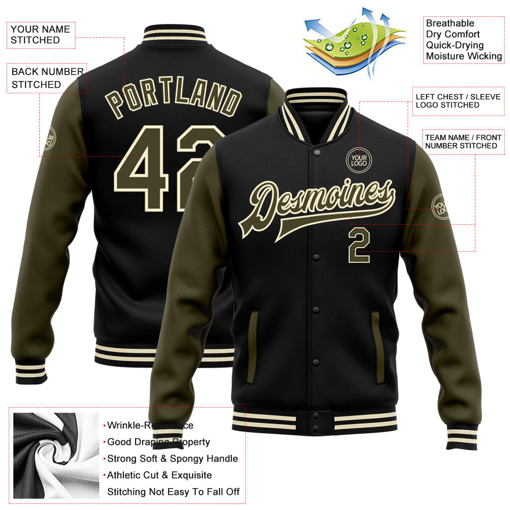 Custom Black Olive-Cream Bomber Full-Snap Varsity Letterman Two Tone Jacket view 5