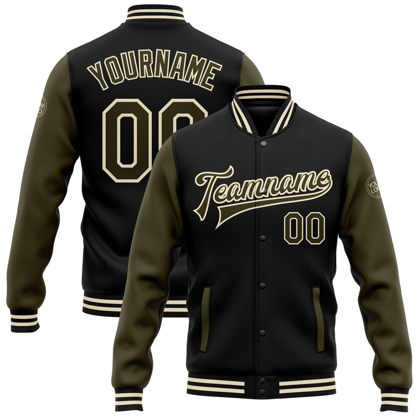 Custom Black Olive-Cream Bomber Full-Snap Varsity Letterman Two Tone Jacket - Main View