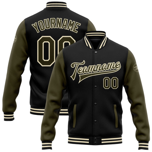 Custom Black Olive-Cream Bomber Full-Snap Varsity Letterman Two Tone Jacket - Main View