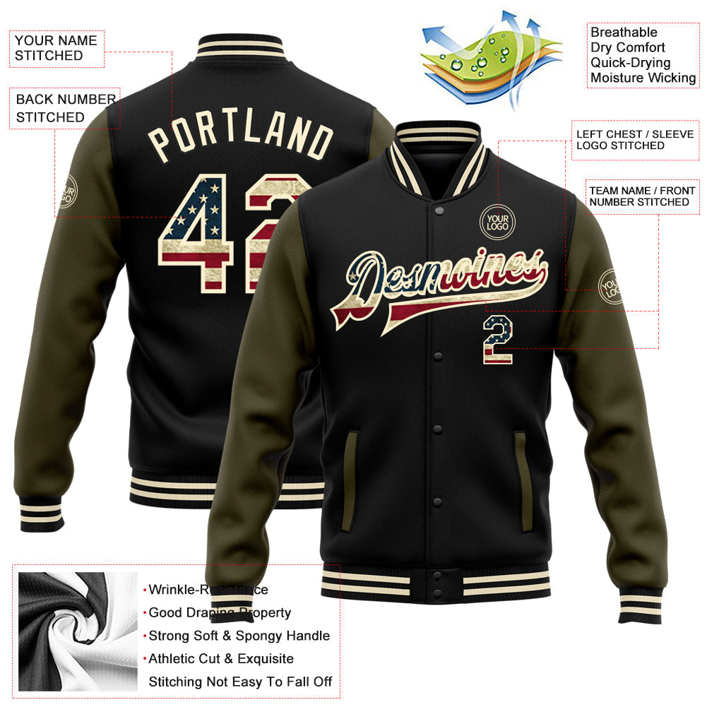 Custom Black Vintage USA Flag Cream-Olive Bomber Full-Snap Varsity Letterman Two Tone Jacket view 5