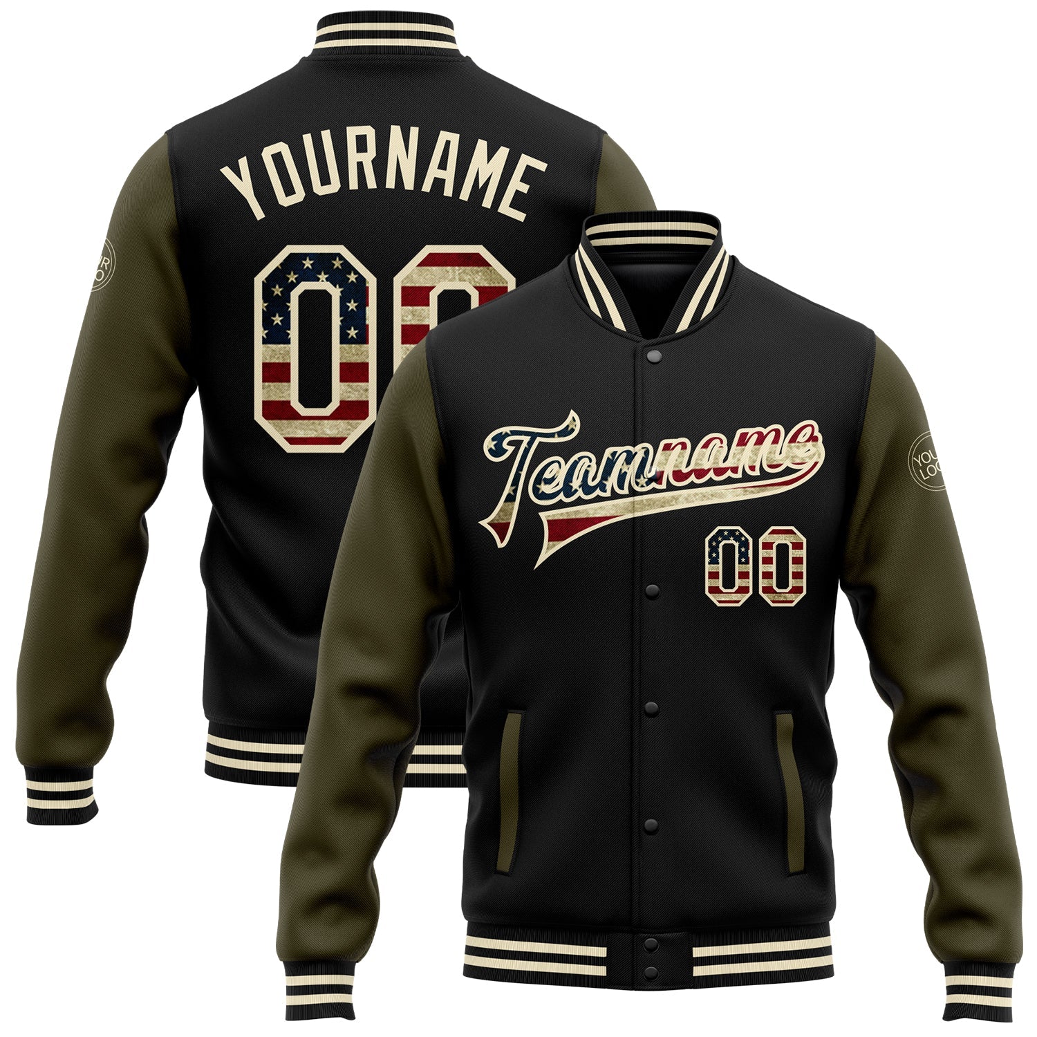 Custom Black Vintage USA Flag Cream-Olive Bomber Full-Snap Varsity Letterman Two Tone Jacket - Main View