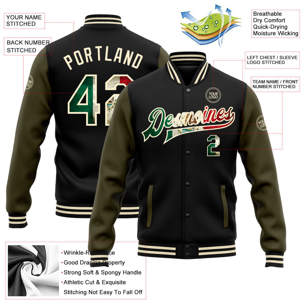 Custom Black Vintage Mexican Flag Cream-Olive Bomber Full-Snap Varsity Letterman Two Tone Jacket view 5