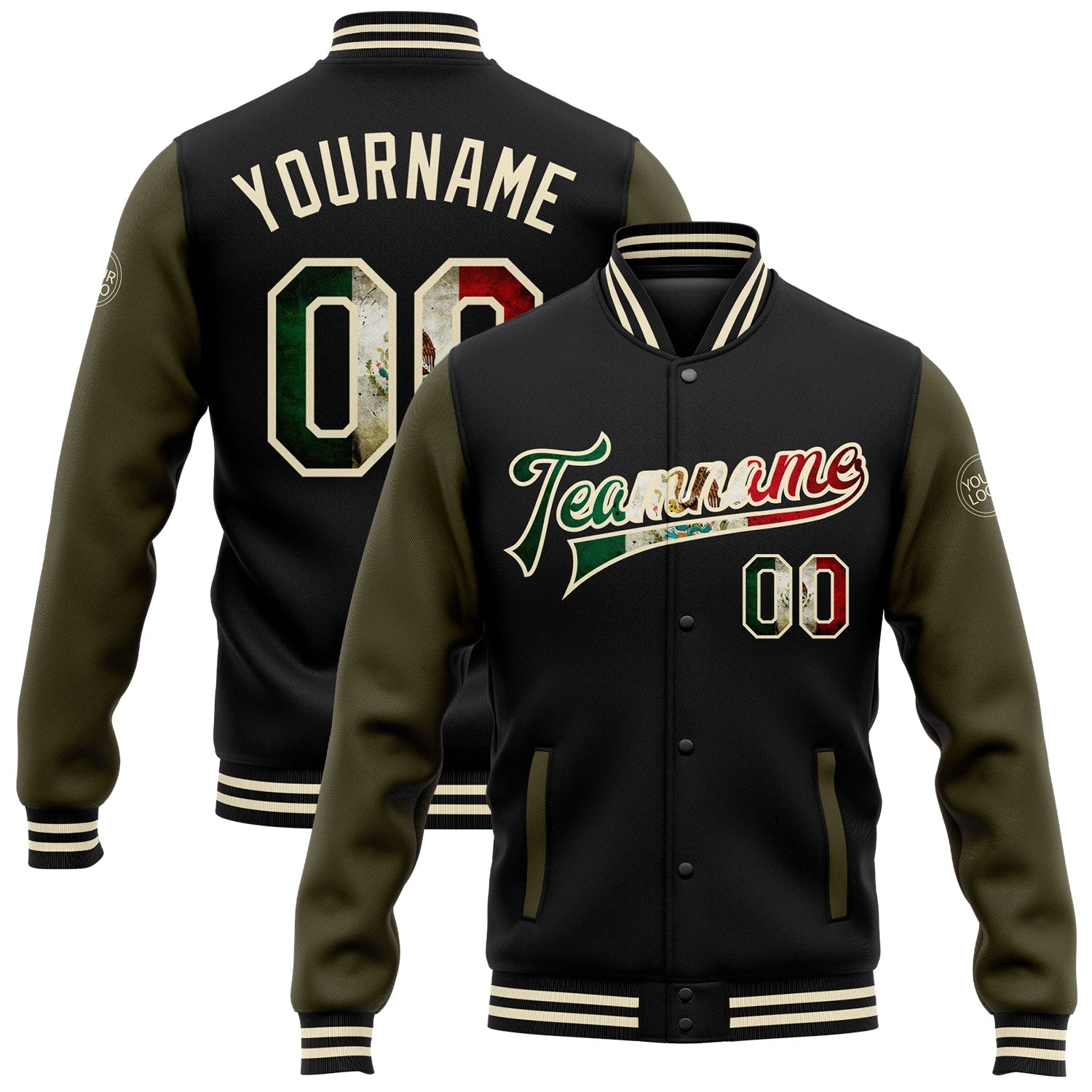 Custom Black Vintage Mexican Flag Cream-Olive Bomber Full-Snap Varsity Letterman Two Tone Jacket - Main View