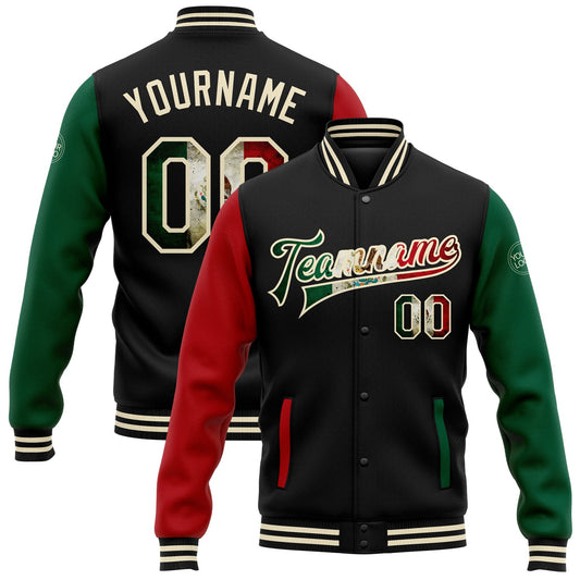 Custom Black Vintage Mexican Flag Cream Kelly Green-Red Bomber Full-Snap Varsity Letterman Two Tone Jacket - Main View