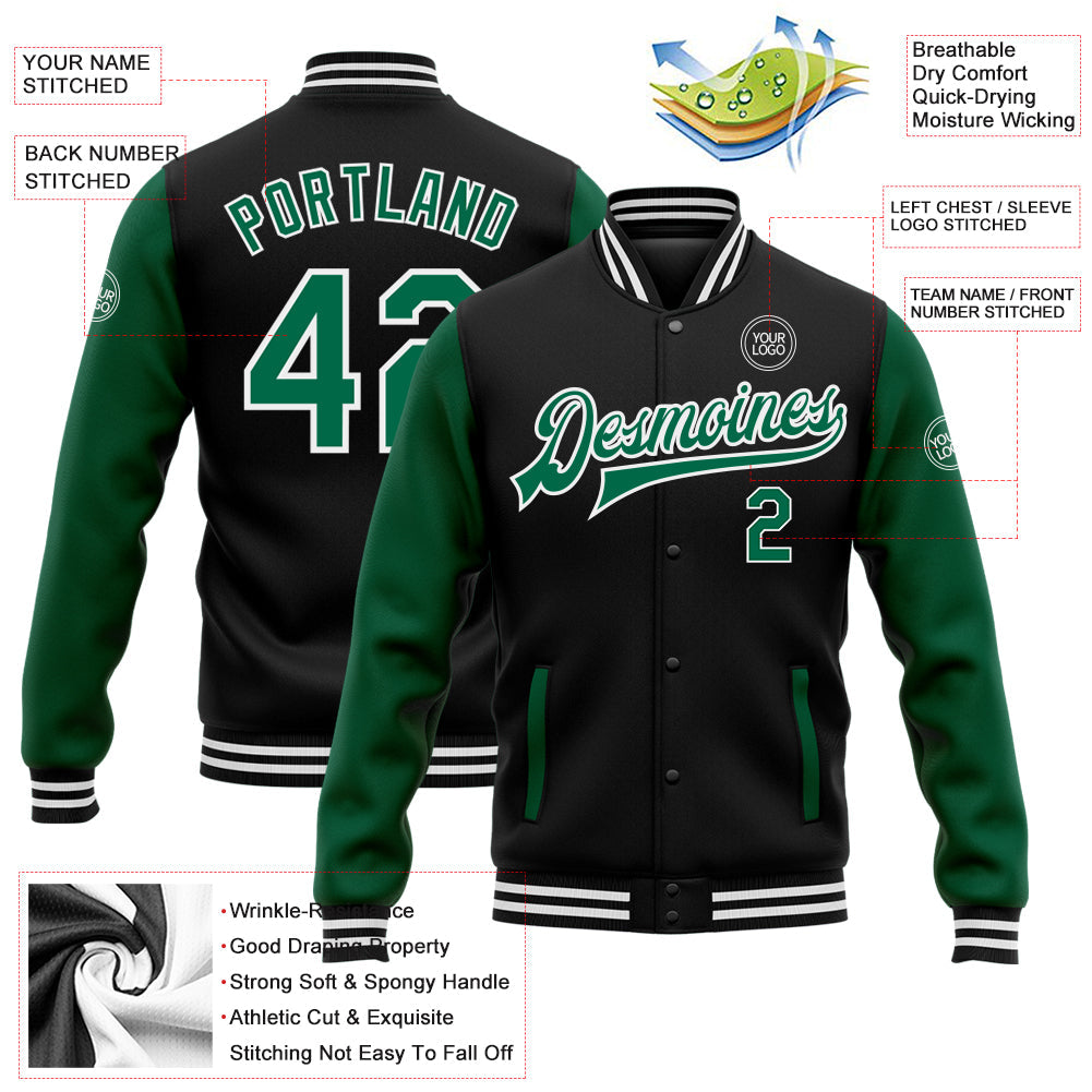 Custom Black Kelly Green-White Bomber Full-Snap Varsity Letterman Two Tone Jacket view 5