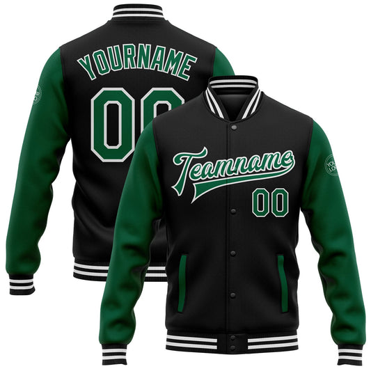 Custom Black Kelly Green-White Bomber Full-Snap Varsity Letterman Two Tone Jacket - Main View