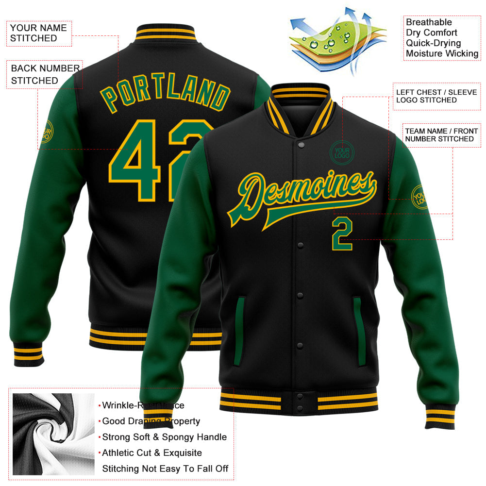 Custom Black Kelly Green-Gold Bomber Full-Snap Varsity Letterman Two Tone Jacket view 5