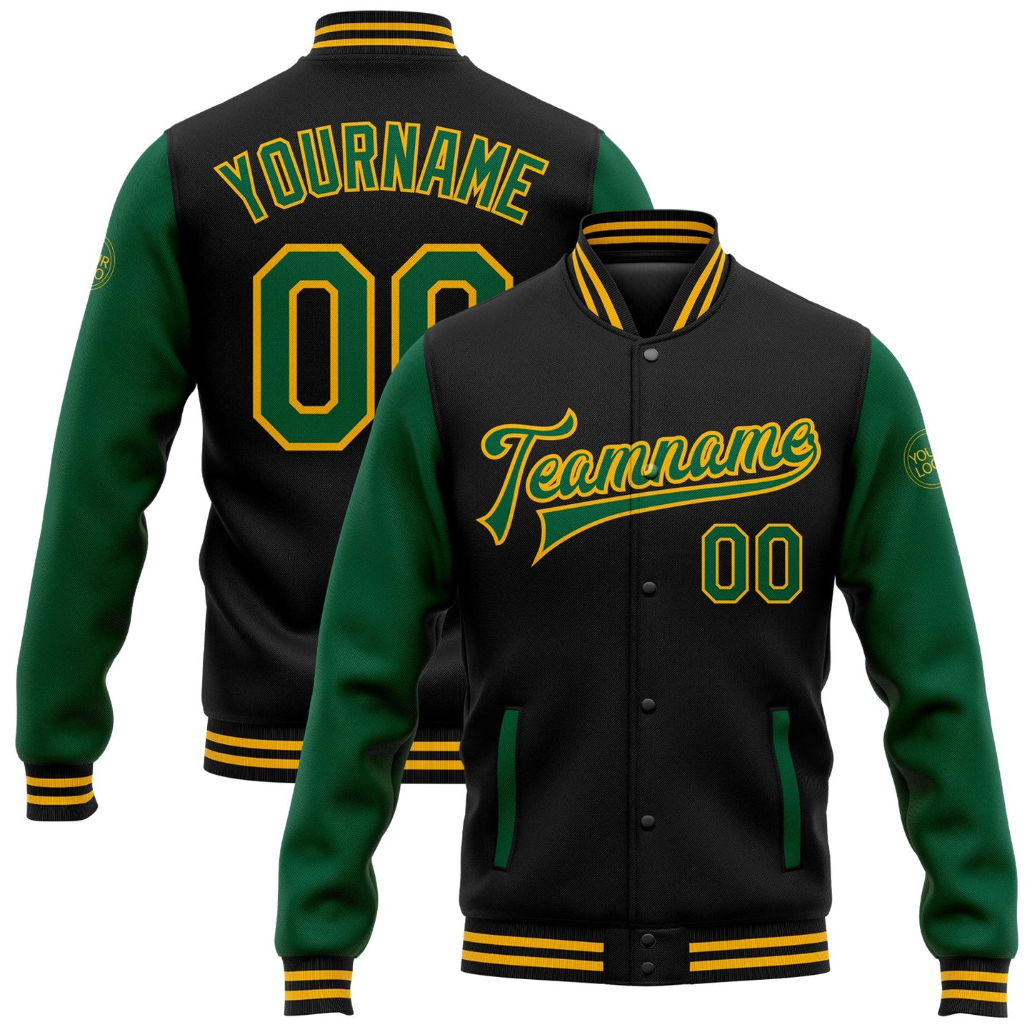 Custom Black Kelly Green-Gold Bomber Full-Snap Varsity Letterman Two Tone Jacket - Main View