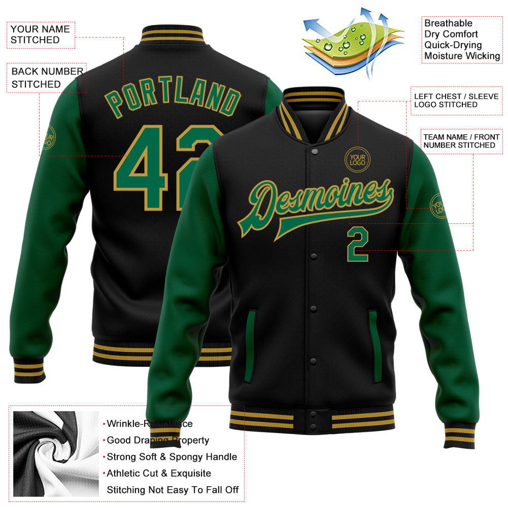 Custom Black Kelly Green-Old Gold Bomber Full-Snap Varsity Letterman Two Tone Jacket view 5
