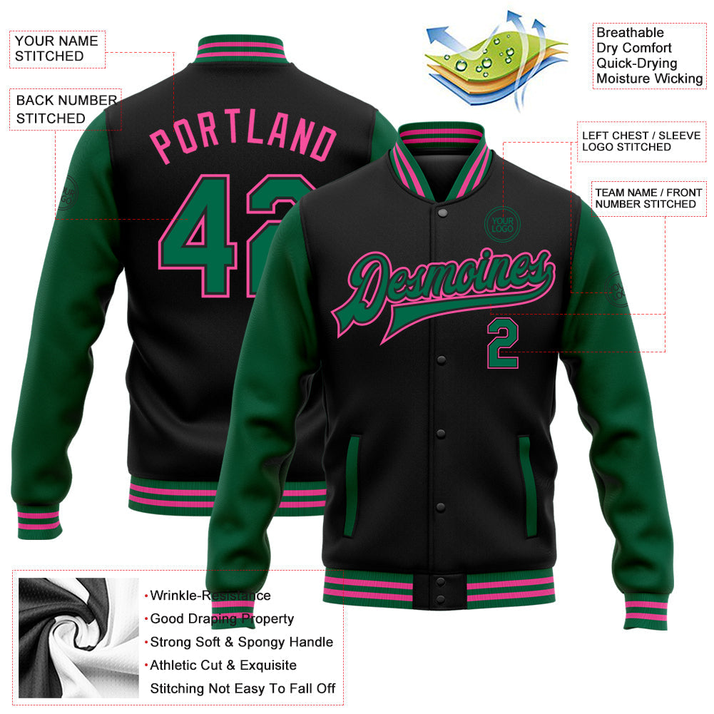 Custom Black Kelly Green-Pink Bomber Full-Snap Varsity Letterman Two Tone Jacket view 5