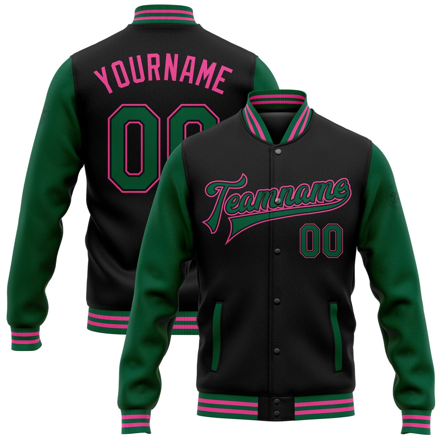 Custom Black Kelly Green-Pink Bomber Full-Snap Varsity Letterman Two Tone Jacket - Main View