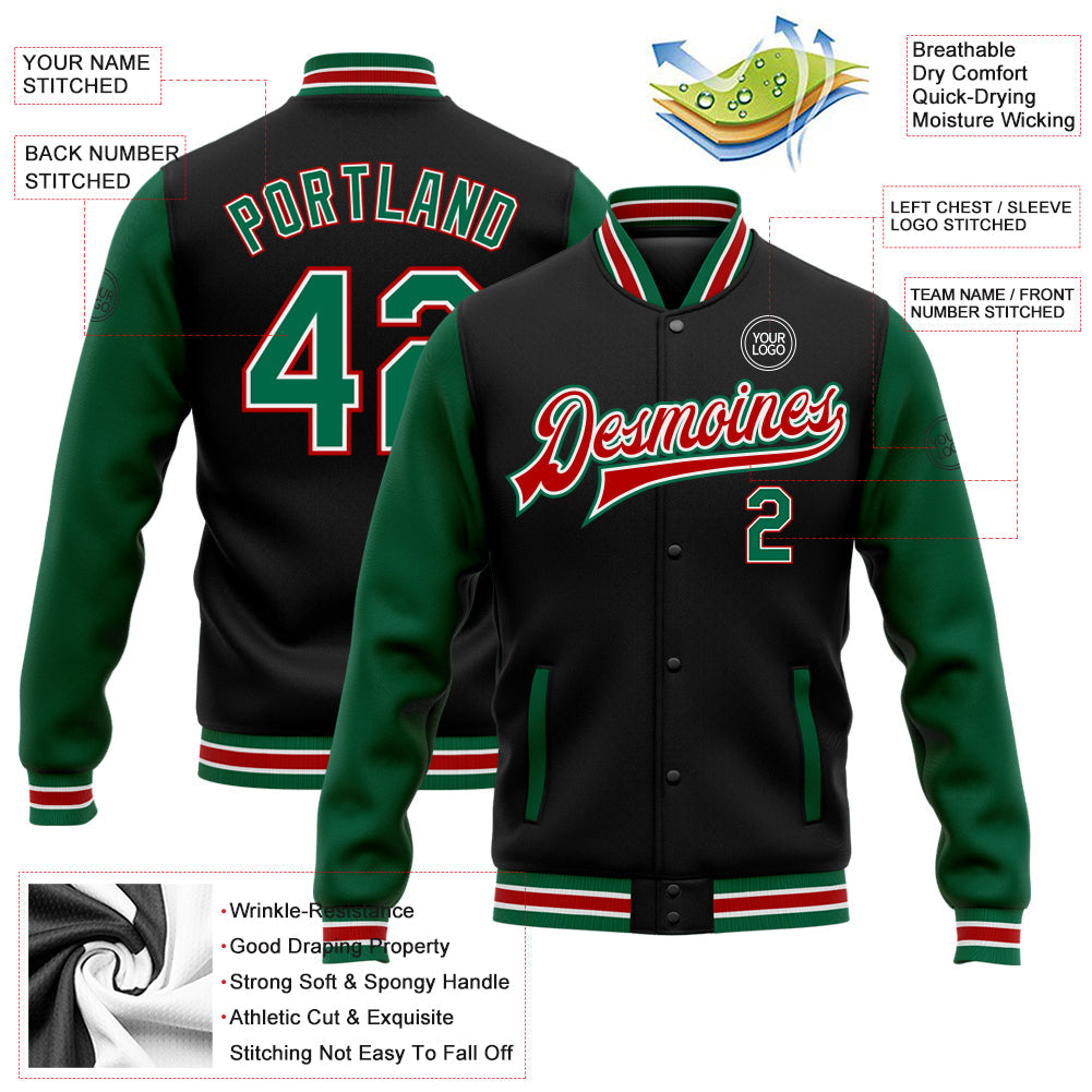 Custom Black Kelly Green-Red Bomber Full-Snap Varsity Letterman Two Tone Jacket view 5
