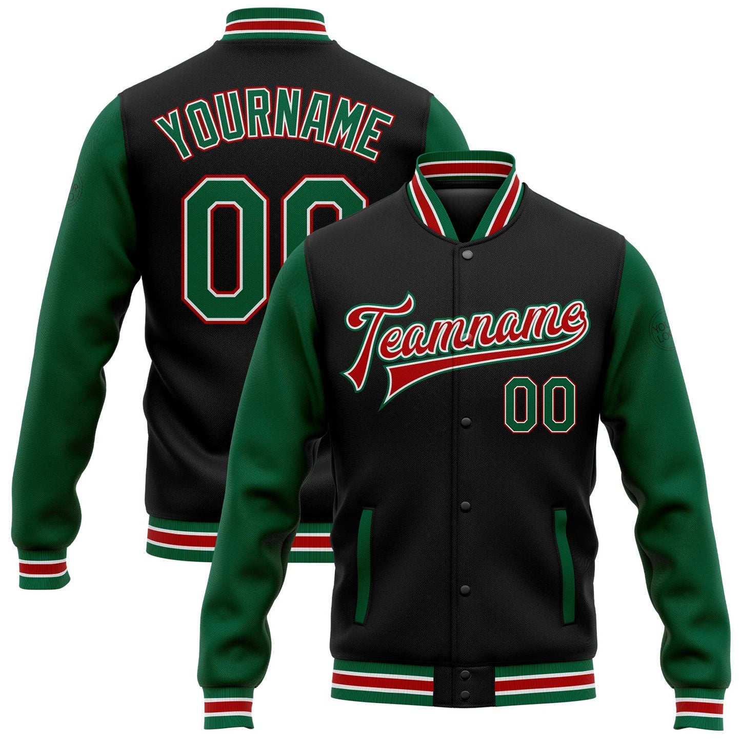 Custom Black Kelly Green-Red Bomber Full-Snap Varsity Letterman Two Tone Jacket - Main View
