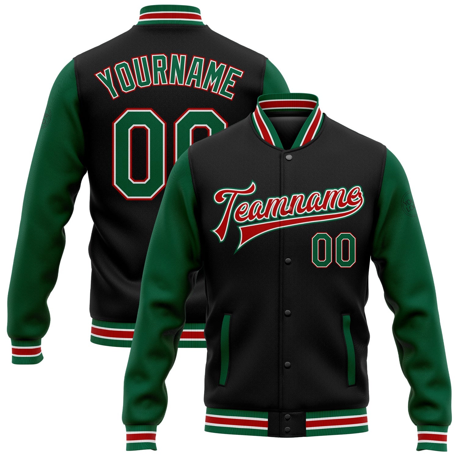 Custom Black Kelly Green-Red Bomber Full-Snap Varsity Letterman Two Tone Jacket - Main View