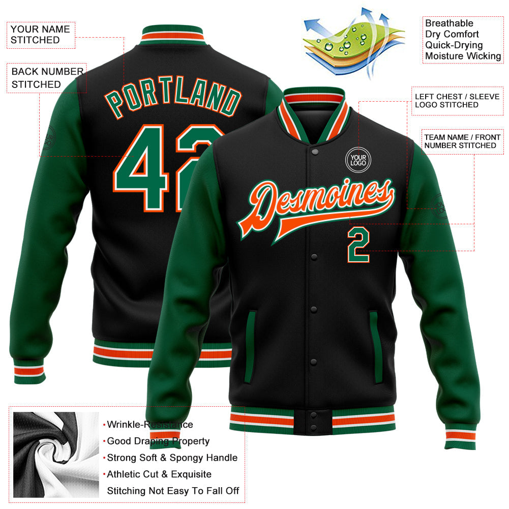Custom Black Kelly Green-Orange Bomber Full-Snap Varsity Letterman Two Tone Jacket view 5