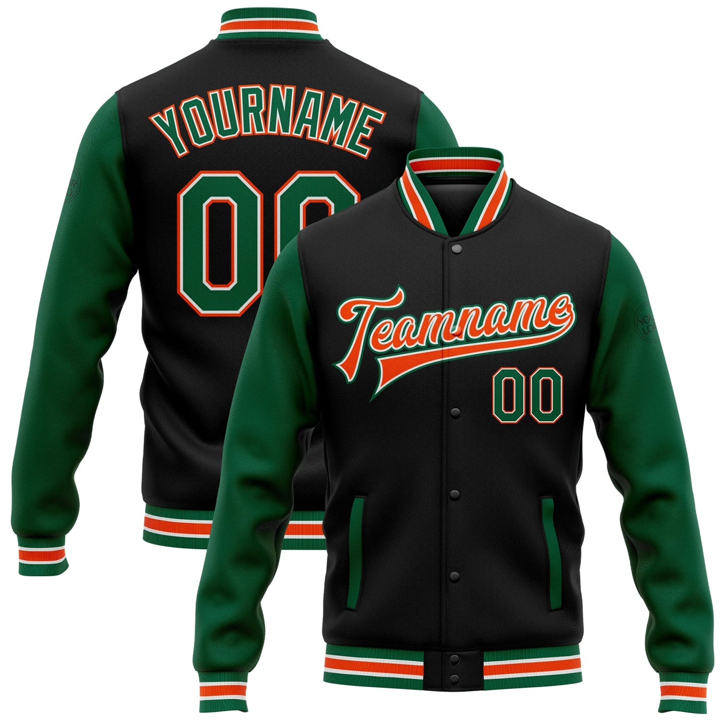 Custom Black Kelly Green-Orange Bomber Full-Snap Varsity Letterman Two Tone Jacket - Main View