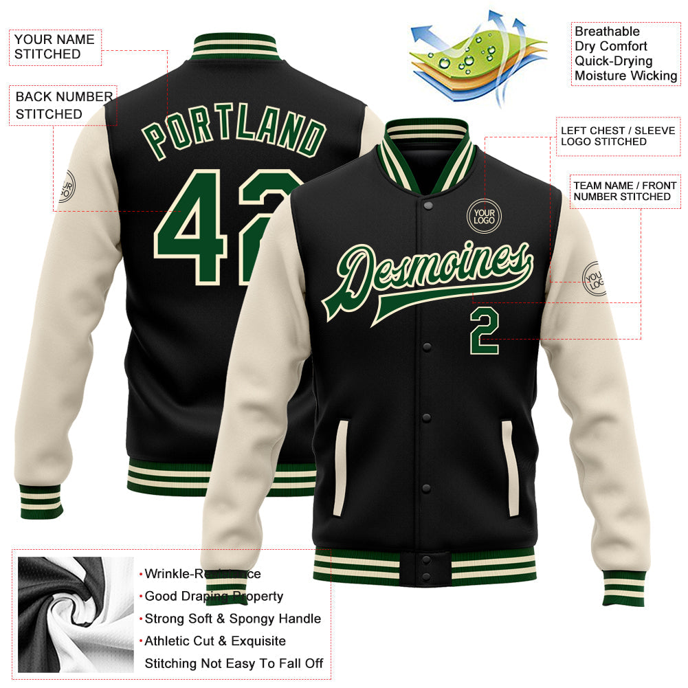 Custom Black Green-Cream Bomber Full-Snap Varsity Letterman Two Tone Jacket view 5