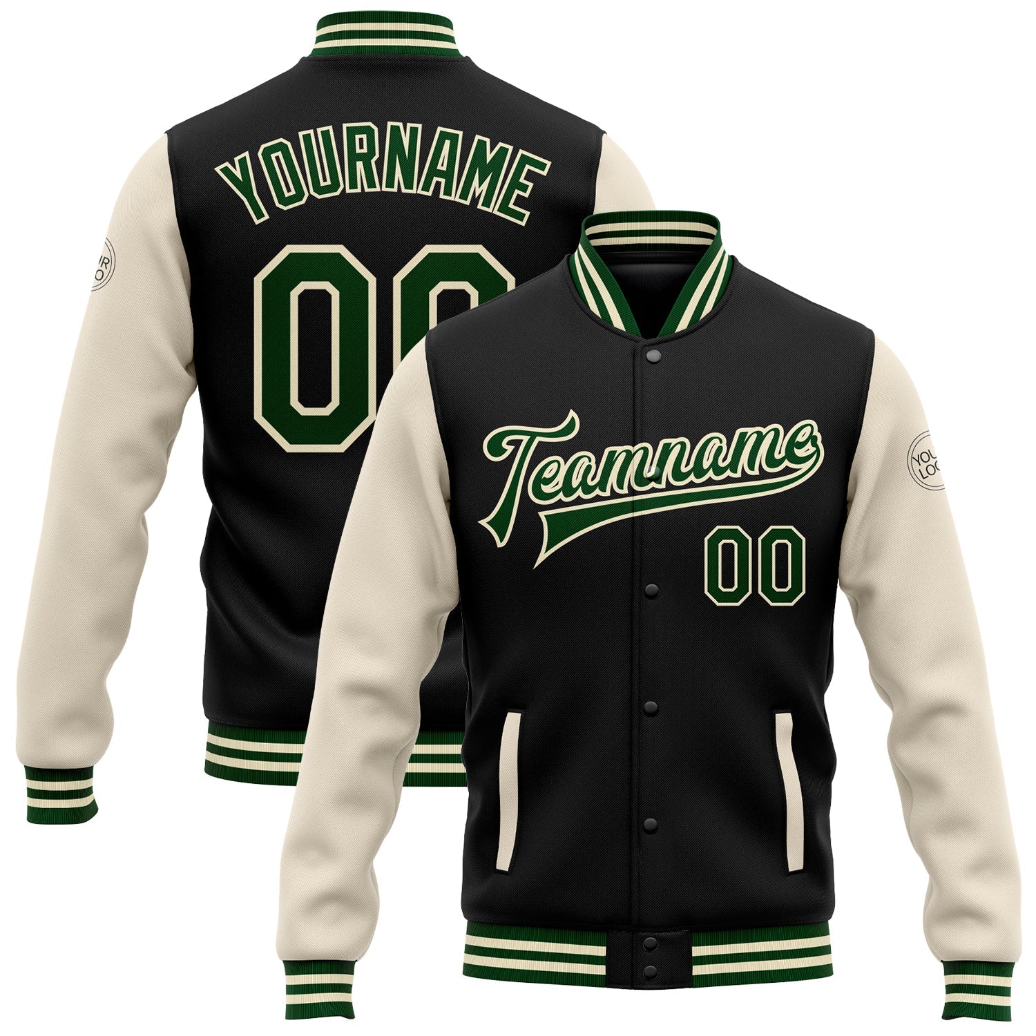 Custom Black Green-Cream Bomber Full-Snap Varsity Letterman Two Tone Jacket - Main View