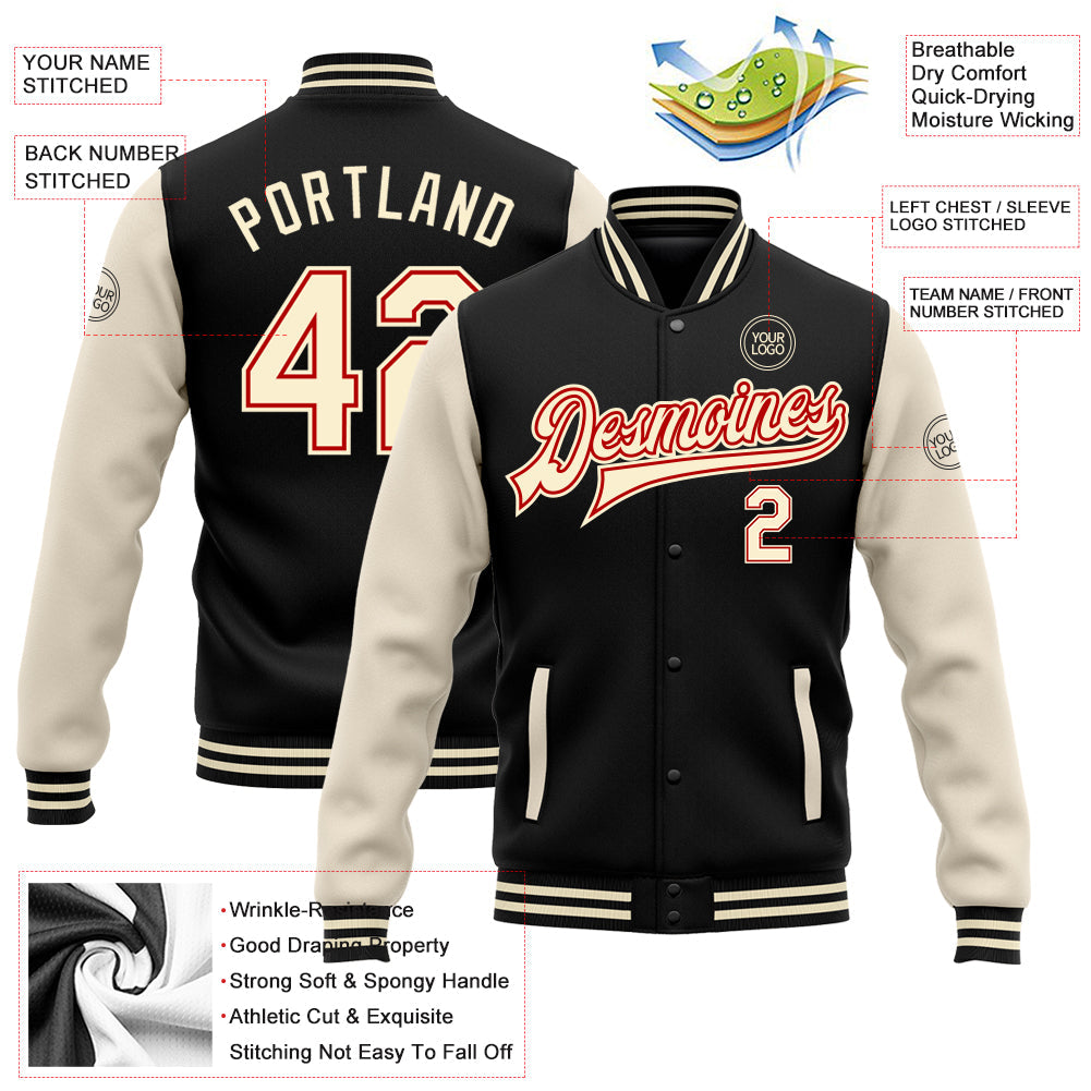 Custom Black Cream-Red Bomber Full-Snap Varsity Letterman Two Tone Jacket view 5