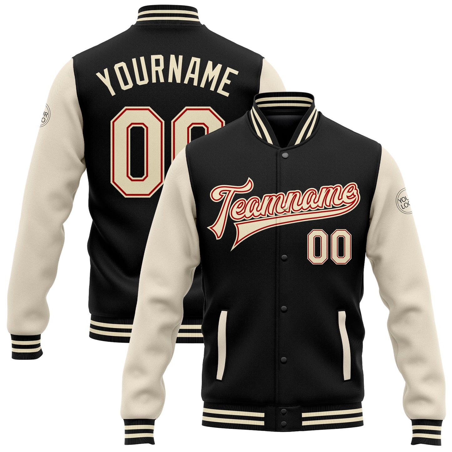 Custom Black Cream-Red Bomber Full-Snap Varsity Letterman Two Tone Jacket - Main View