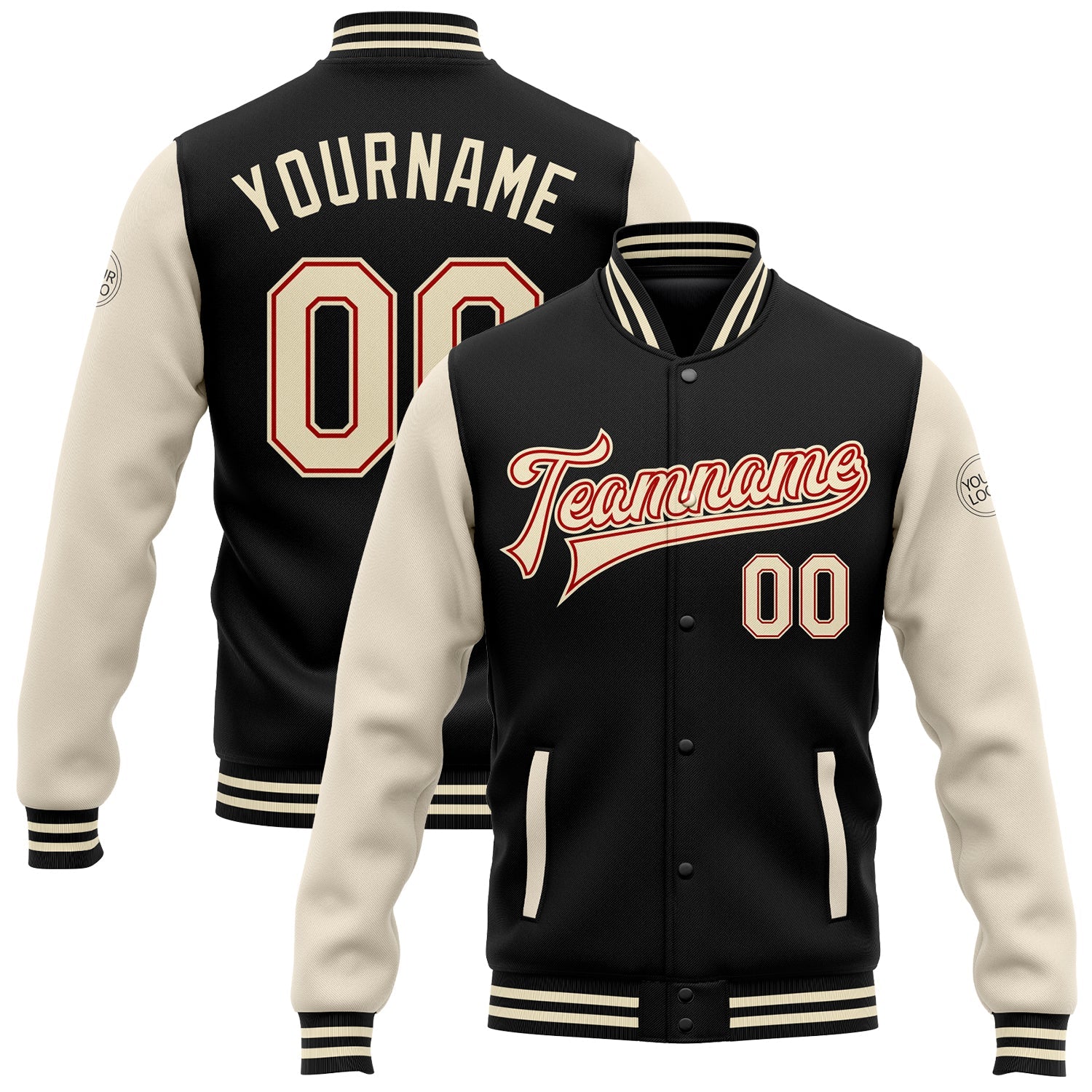 Custom Black Cream-Red Bomber Full-Snap Varsity Letterman Two Tone Jacket - Main View